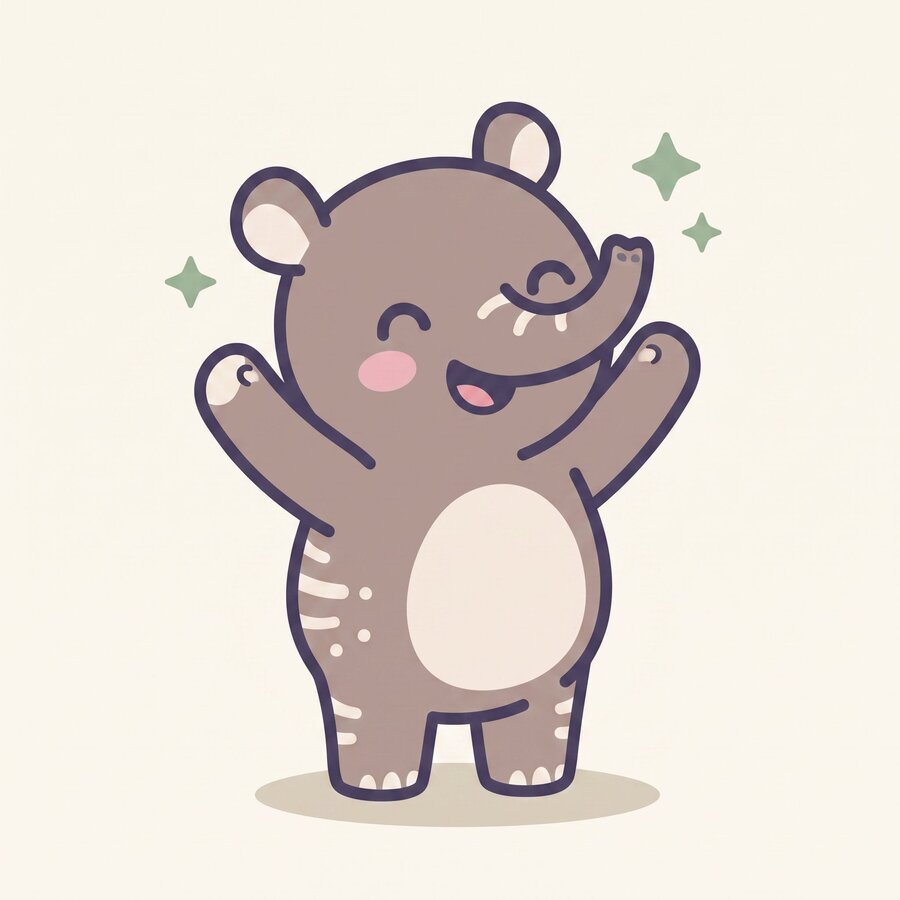 Tibu, ein kleines gezeichnetes Tapir-Kind, jubelt mit erhobenen Armen